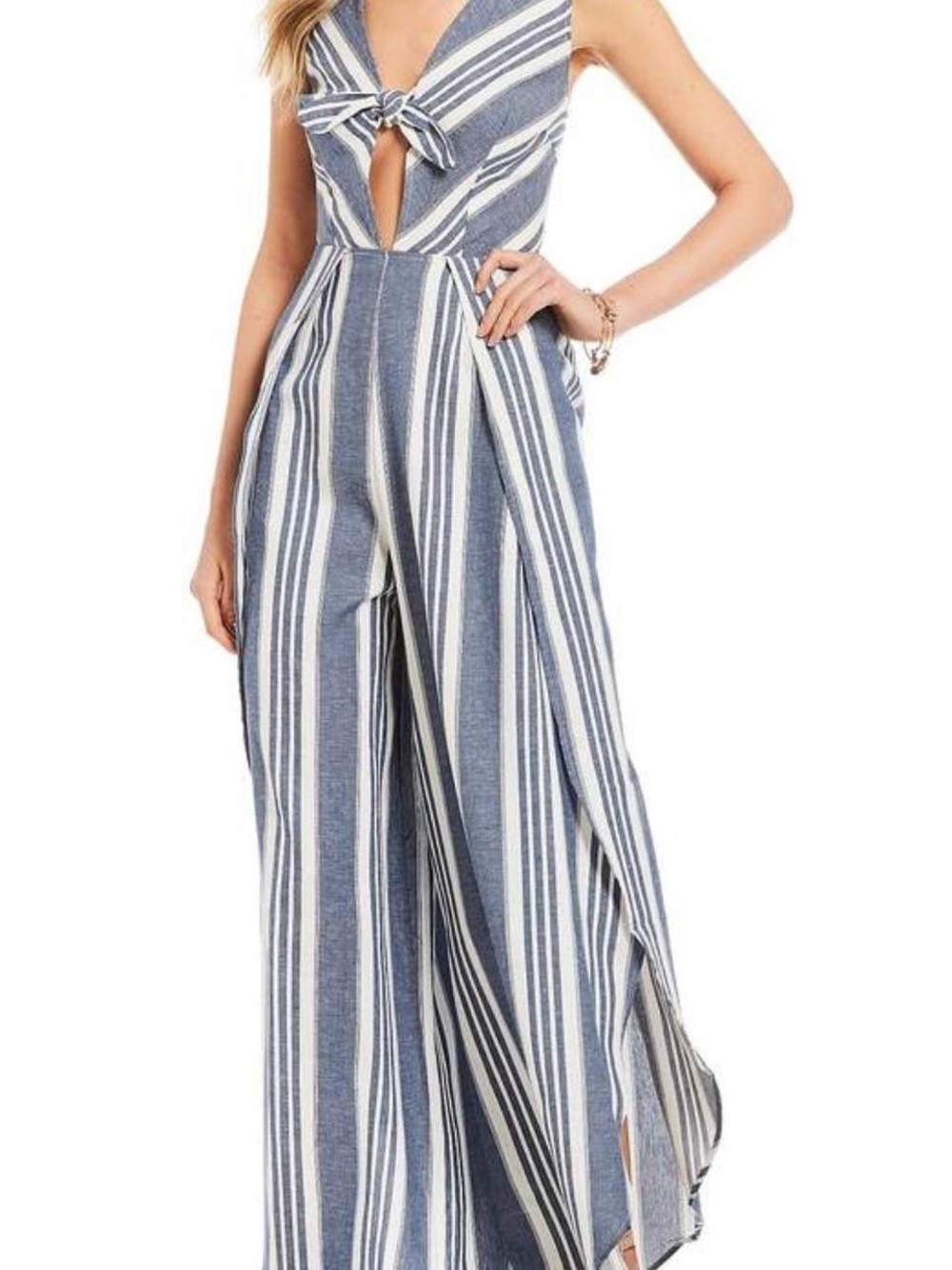 Altar’d State Striped Blue & White Wide-Leg Jumpsuit with Front Tie